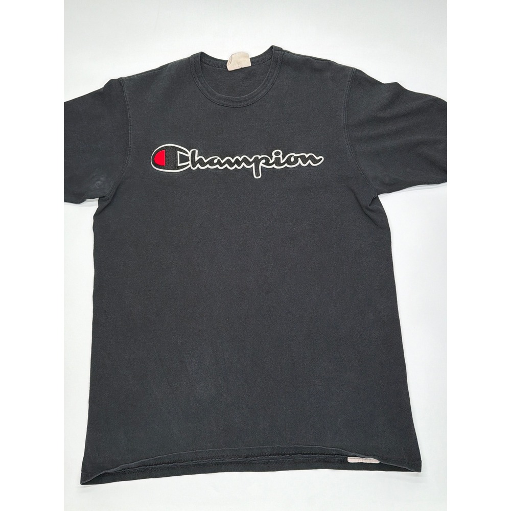 Champion Mens Black Script Logo Graphic T-Shirt Short Sleeve Cotton Large